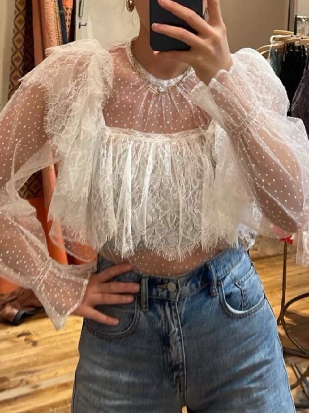 Free People White Sheer Lace Ruffle Crop Top